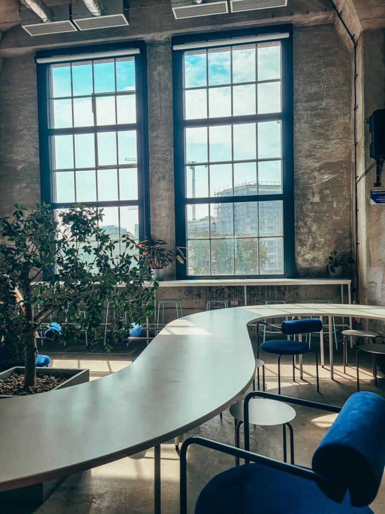 Cafe with long white table with plants and big window in renovated shipyard spaces